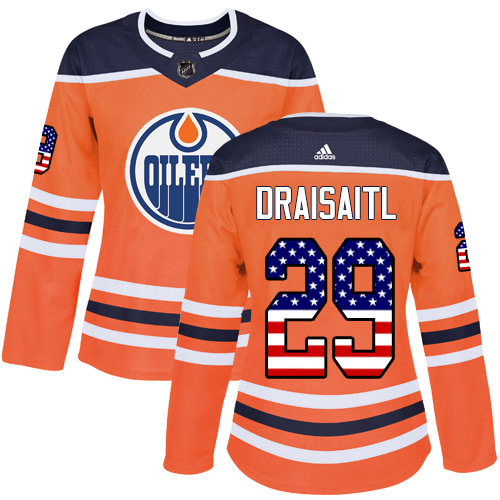 Adidas Oilers #29 Leon Draisaitl Orange Home Authentic USA Flag Women's Stitched NHL Jersey - Click Image to Close